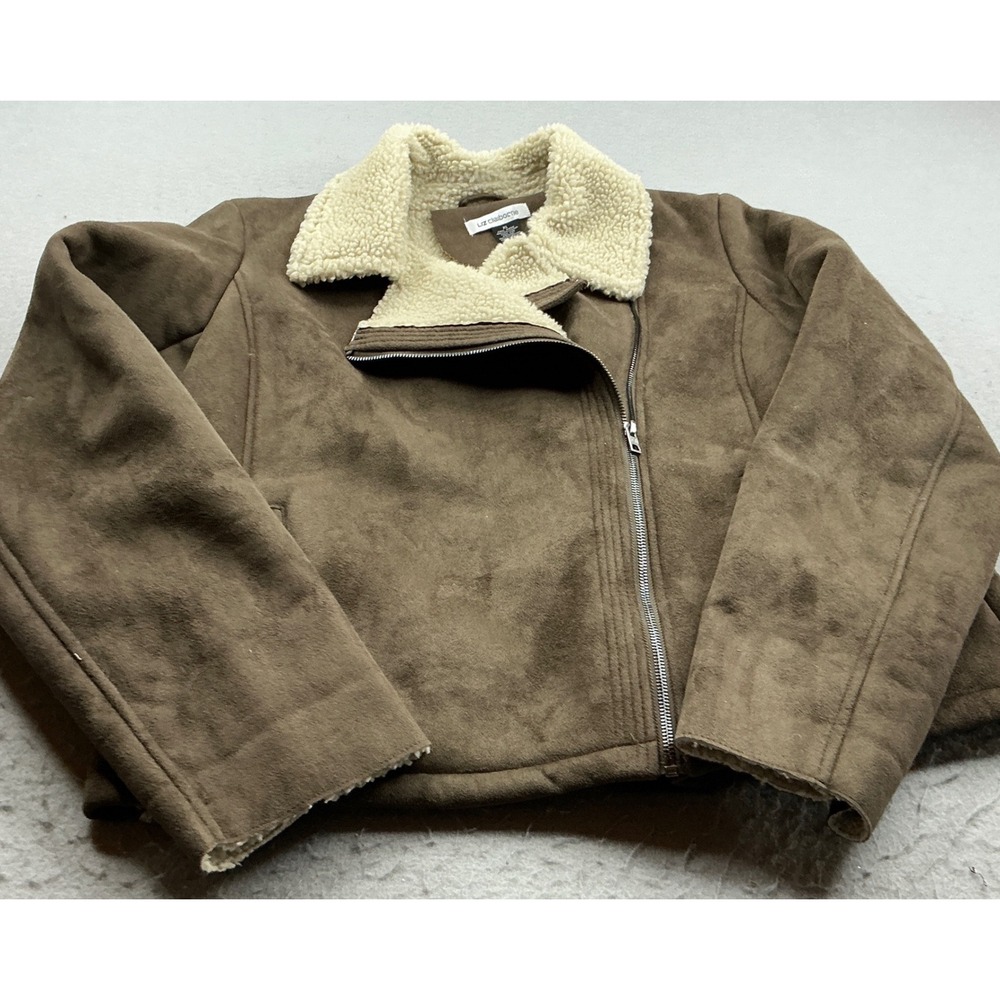 Liz Claiborne Faux Suede Shearling Moto Jacket Brown Aviator Coat XL